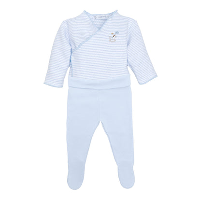 Calamaro Rocking Horse newborn baby gift set in pink and blue, featuring a striped wrap bodysuit with embroidered rocking horse, matching footed trousers and coordinating hat.