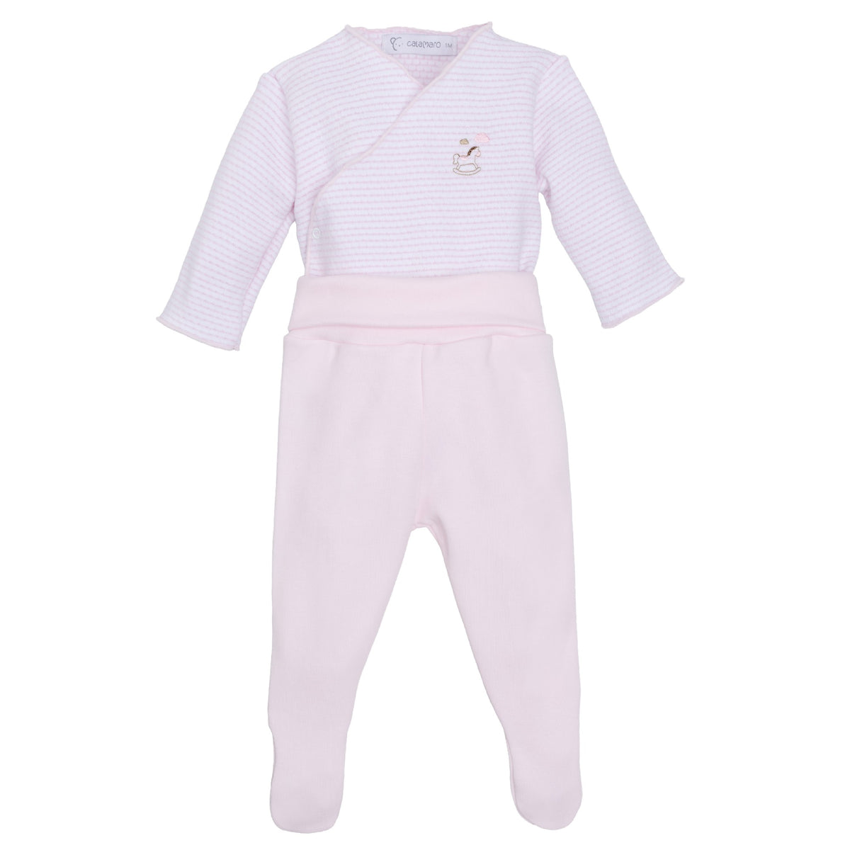 Calamaro Rocking Horse newborn baby gift set in pink and blue, featuring a striped wrap bodysuit with embroidered rocking horse, matching footed trousers and coordinating hat.