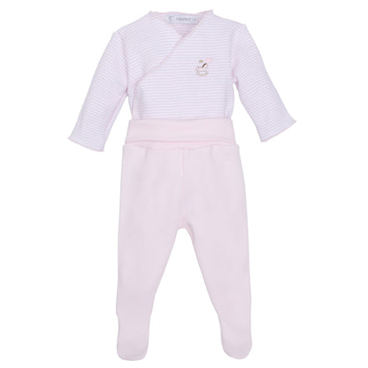Calamaro Rocking Horse newborn baby gift set in pink and blue, featuring a striped wrap bodysuit with embroidered rocking horse, matching footed trousers and coordinating hat.