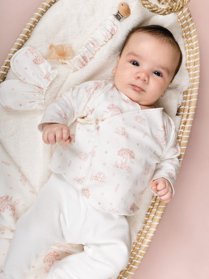 Calamaro Mon Cheri newborn baby gift set in ivory with pink or blue woodland print, matching accessories, nappy bag organiser and baby perfume.