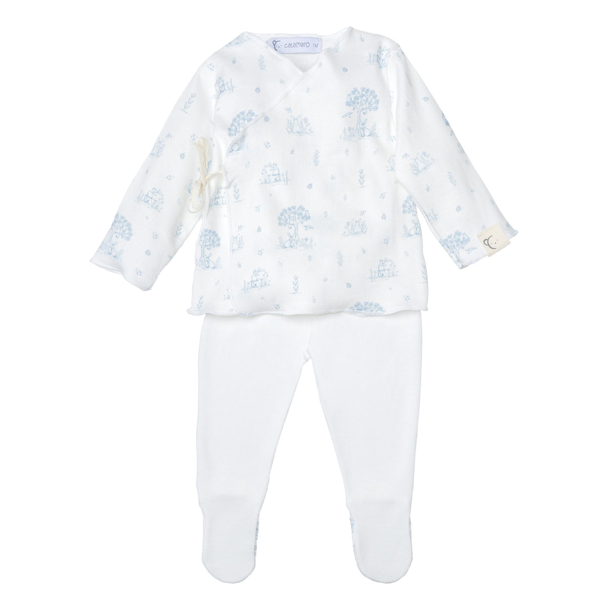 Calamaro Mon Cheri four-piece newborn baby gift set in ivory with pink or blue woodland print, featuring a wrap top, footed trousers, matching hat and scratch mittens.