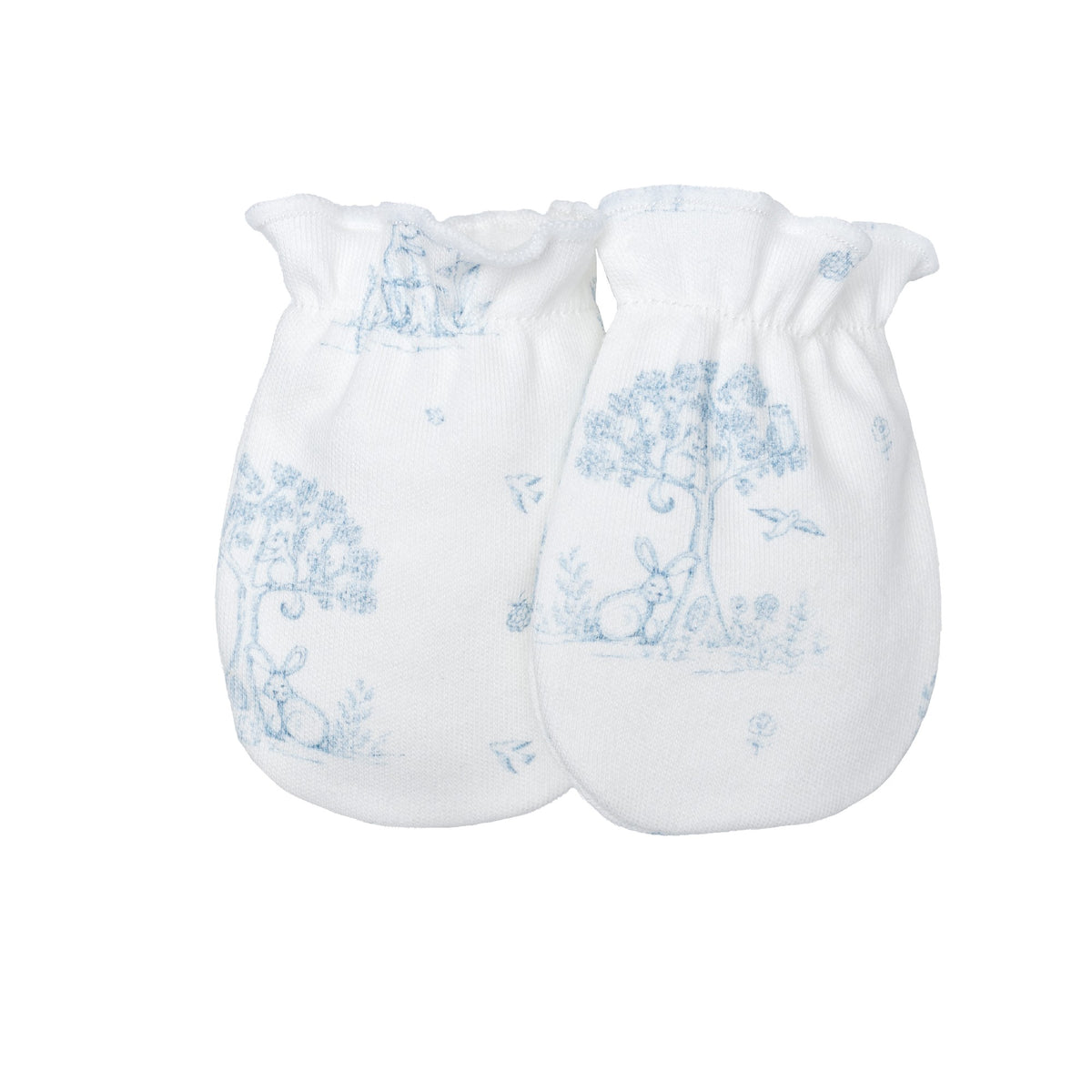 Calamaro Mon Cheri four-piece newborn baby gift set in ivory with pink or blue woodland print, featuring a wrap top, footed trousers, matching hat and scratch mittens.