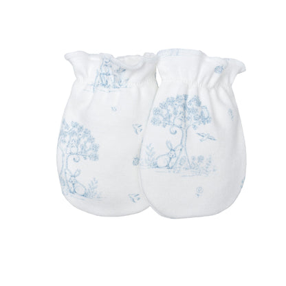 Calamaro Mon Cheri four-piece newborn baby gift set in ivory with pink or blue woodland print, featuring a wrap top, footed trousers, matching hat and scratch mittens.