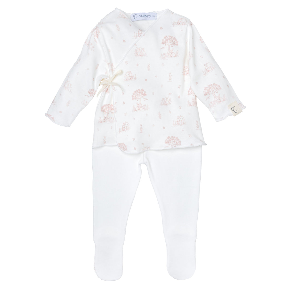 Calamaro Mon Cheri four-piece newborn baby gift set in ivory with pink or blue woodland print, featuring a wrap top, footed trousers, matching hat and scratch mittens.
