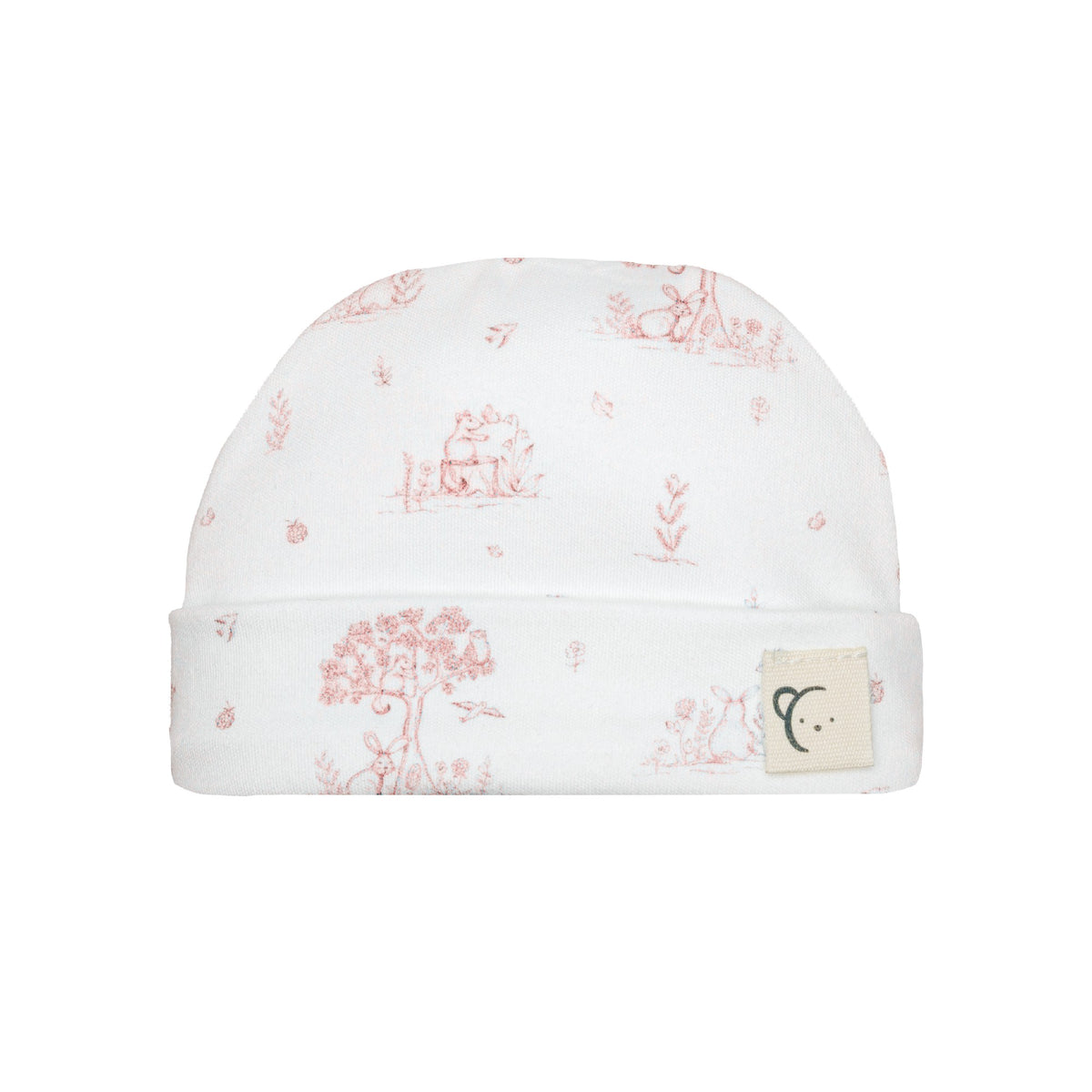 Calamaro Mon Cheri four-piece newborn baby gift set in ivory with pink or blue woodland print, featuring a wrap top, footed trousers, matching hat and scratch mittens.