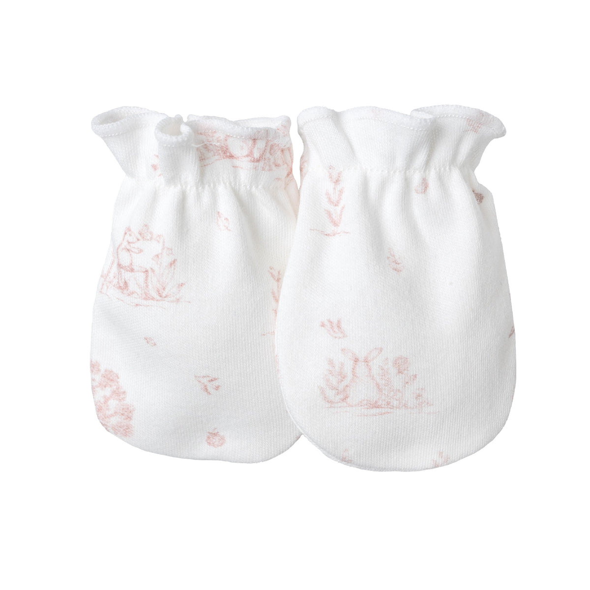 Calamaro Mon Cheri four-piece newborn baby gift set in ivory with pink or blue woodland print, featuring a wrap top, footed trousers, matching hat and scratch mittens.