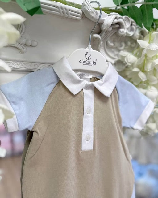 Sarah Louise Oscar Knit Short Set featuring a warm beige knit, white polo collar and trims, and four cable-knit details down the chest.