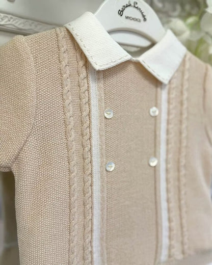 Sarah Louise Oscar Knit Short Set featuring a warm beige knit, white polo collar and trims, and four cable-knit details down the chest.