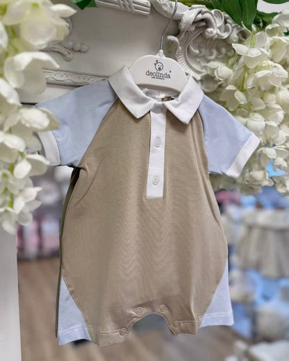 Sarah Louise Oscar Knit Short Set featuring a warm beige knit, white polo collar and trims, and four cable-knit details down the chest.