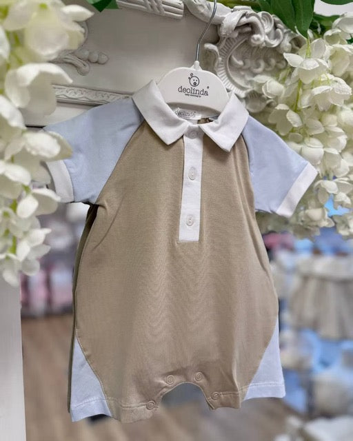 Sarah Louise Oscar Knit Short Set featuring a warm beige knit, white polo collar and trims, and four cable-knit details down the chest.
