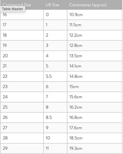 A size conversion table with columns labeled Continental Size, UK Size, and Centimetres (approx). The table lists sizes ranging from 16 to 29, with a gray header and white rows.