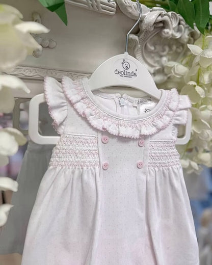 Deolinda Confetti Pink Jampant Set featuring pink jampant shorts, white frill-collar top, pink polka dots, smocking and contrast stitch trims.