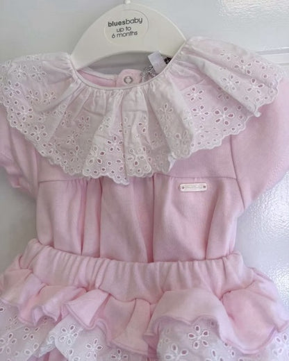 Bluesbaby Cecelia Frill Jampant featuring a pastel pink top, broderie anglaise frill collar, layered ruffle bottoms and lace trim.