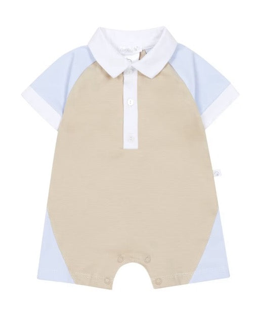 Sarah Louise Oscar Knit Short Set featuring a warm beige knit, white polo collar and trims, and four cable-knit details down the chest.