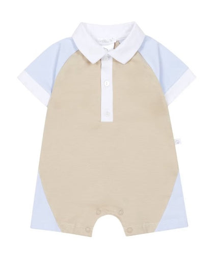 Sarah Louise Oscar Knit Short Set featuring a warm beige knit, white polo collar and trims, and four cable-knit details down the chest.