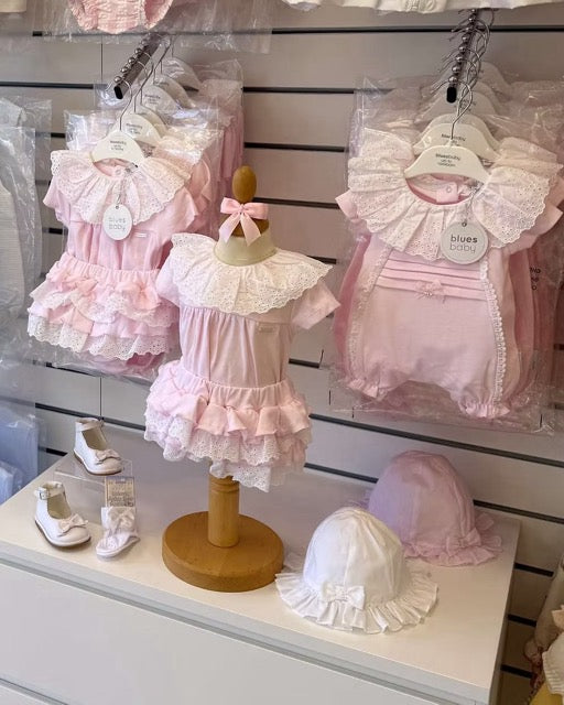 Bluesbaby Cecelia Frill Jampant featuring a pastel pink top, broderie anglaise frill collar, layered ruffle bottoms and lace trim.