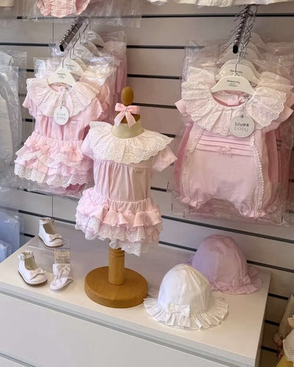 Bluesbaby Cecelia Frill Jampant featuring a pastel pink top, broderie anglaise frill collar, layered ruffle bottoms and lace trim.
