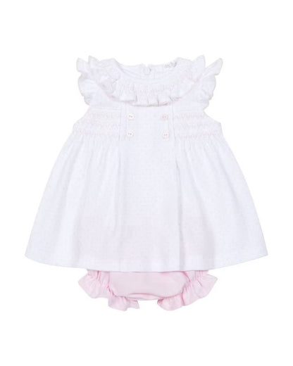 Deolinda Confetti Pink Jampant Set featuring pink jampant shorts, white frill-collar top, pink polka dots, smocking and contrast stitch trims.