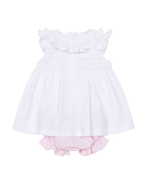 Deolinda Confetti Pink Jampant Set featuring pink jampant shorts, white frill-collar top, pink polka dots, smocking and contrast stitch trims.