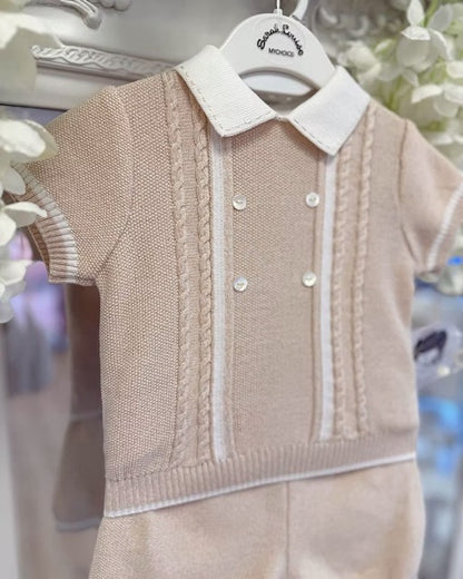 Sarah Louise Oscar Knit Short Set featuring a warm beige knit, white polo collar and trims, and four cable-knit details down the chest.
