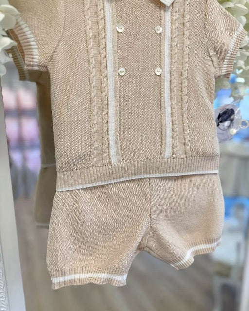 Sarah Louise Oscar Knit Short Set featuring a warm beige knit, white polo collar and trims, and four cable-knit details down the chest.