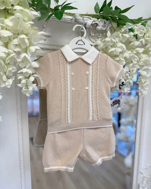 Sarah Louise Oscar Knit Short Set featuring a warm beige knit, white polo collar and trims, and four cable-knit details down the chest.
