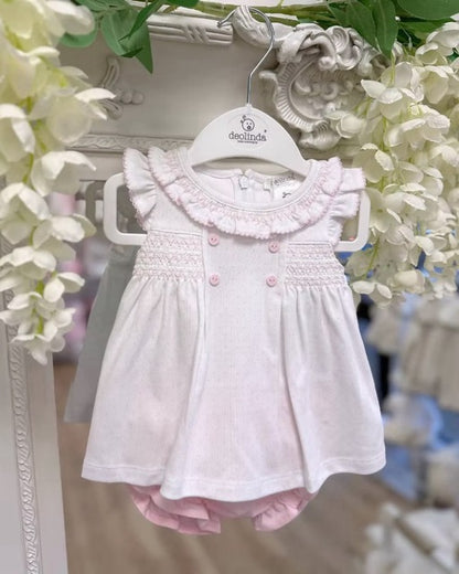Deolinda Confetti Pink Jampant Set featuring pink jampant shorts, white frill-collar top, pink polka dots, smocking and contrast stitch trims.