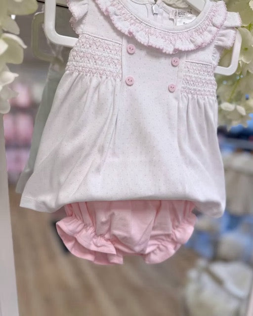 Deolinda Confetti Pink Jampant Set featuring pink jampant shorts, white frill-collar top, pink polka dots, smocking and contrast stitch trims.