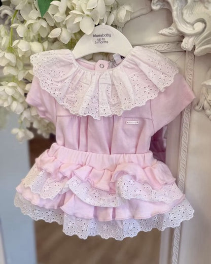 Bluesbaby Cecelia Frill Jampant featuring a pastel pink top, broderie anglaise frill collar, layered ruffle bottoms and lace trim.