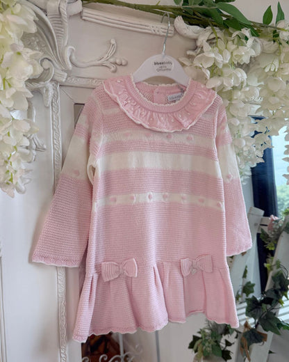 Bluesbaby Marie baby pink and cream knitted girls dress with frill collar, bows and pleated skirt.