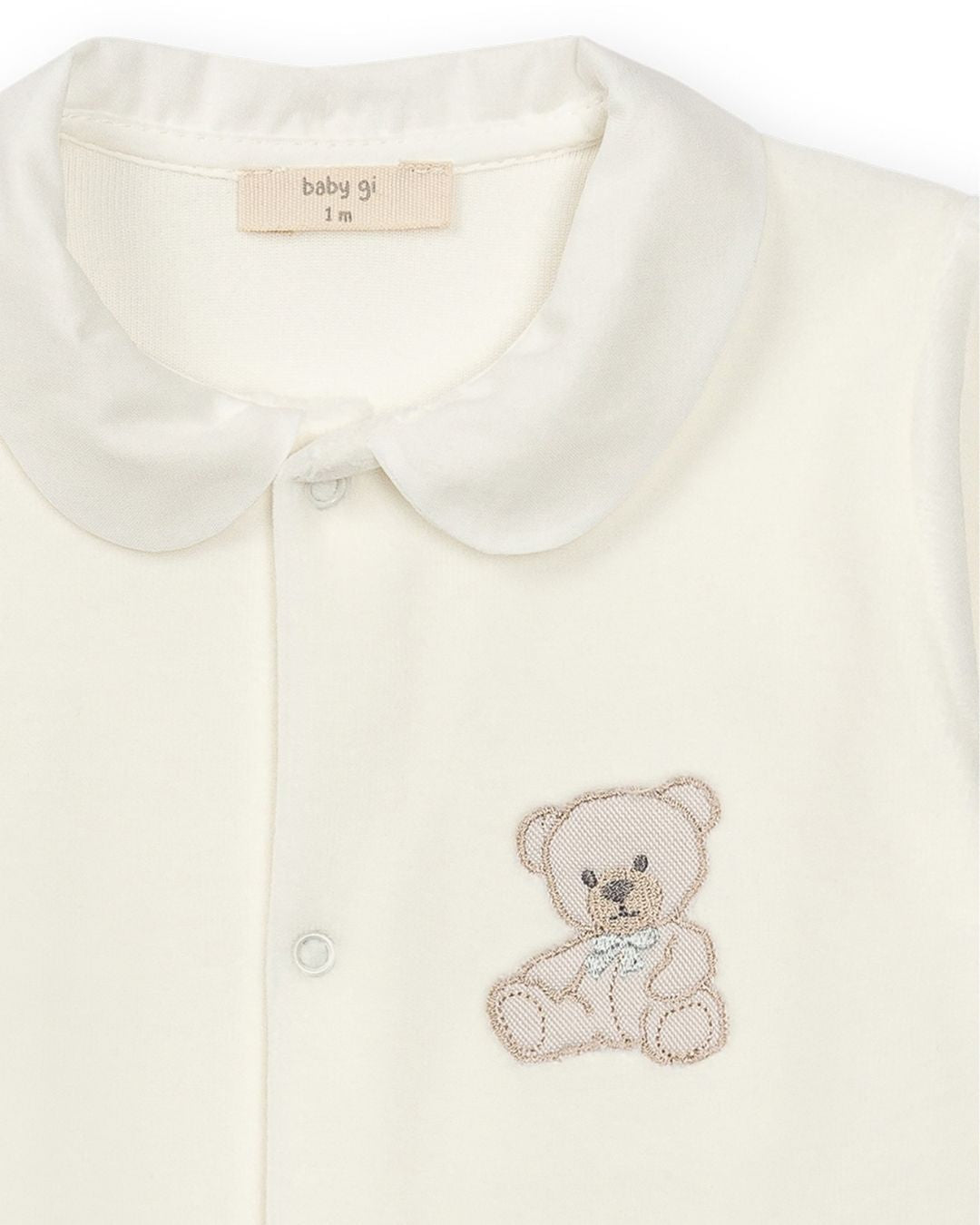 Baby Gi Velour Teddy Babygrow with Peter Pan collar and embroidered teddy motif in pink, blue and ivory.