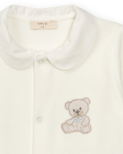 Baby Gi Velour Teddy Babygrow with Peter Pan collar and embroidered teddy motif in pink, blue and ivory.