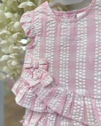 Tutto Piccolo Posie Jampant Set featuring a pink and white striped top with flutter sleeves, bow detail and matching striped bloomers.