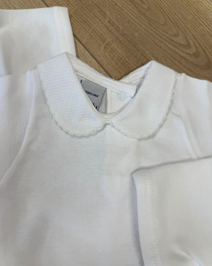 Babidu white unisex baby bodysuit with Peter Pan collar and coloured stitch trim.