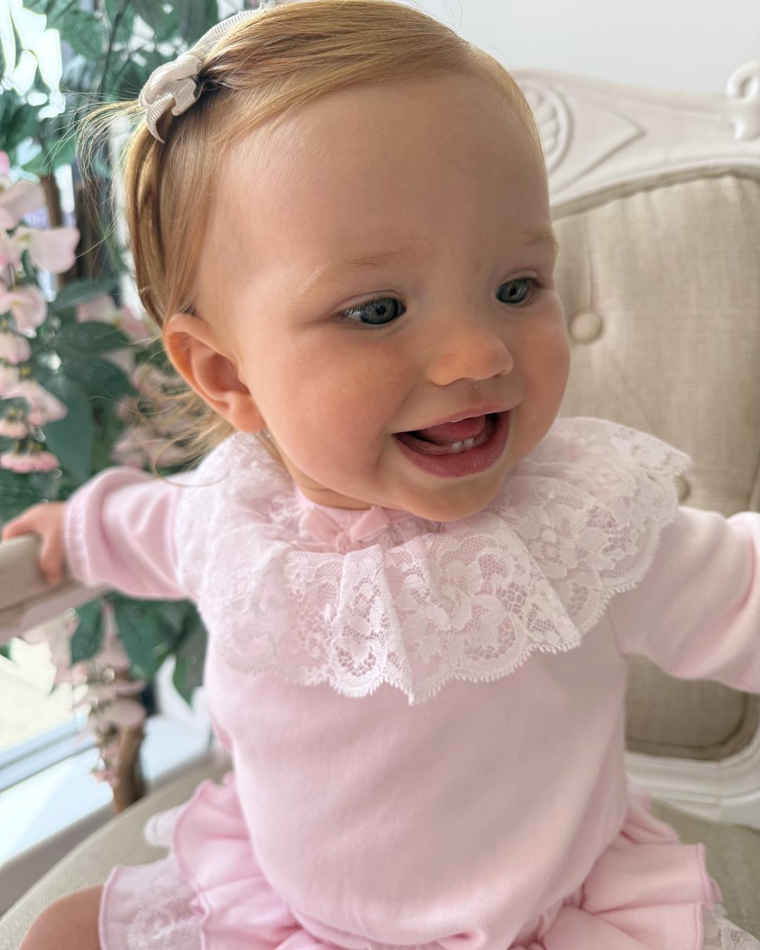 Bluesbaby Elodie Lace Jampant Set in soft baby pink with white lace frill collar, pink velour bow and matching tiered ruffle jampants.