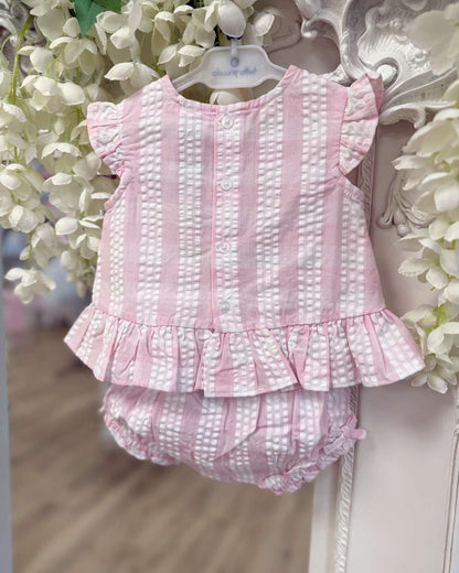 Tutto Piccolo Posie Jampant Set featuring a pink and white striped top with flutter sleeves, bow detail and matching striped bloomers.