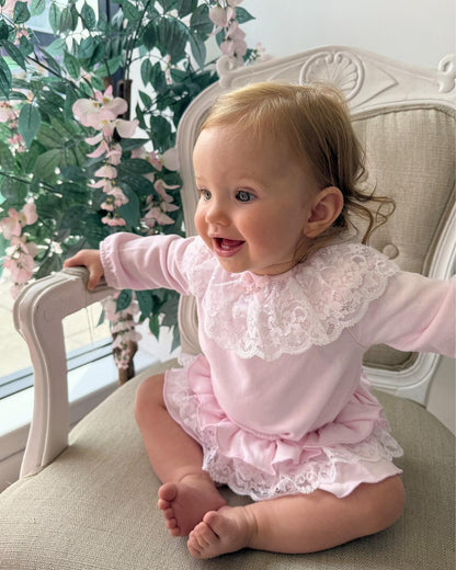 Bluesbaby Elodie Lace Jampant Set in soft baby pink with white lace frill collar, pink velour bow and matching tiered ruffle jampants.