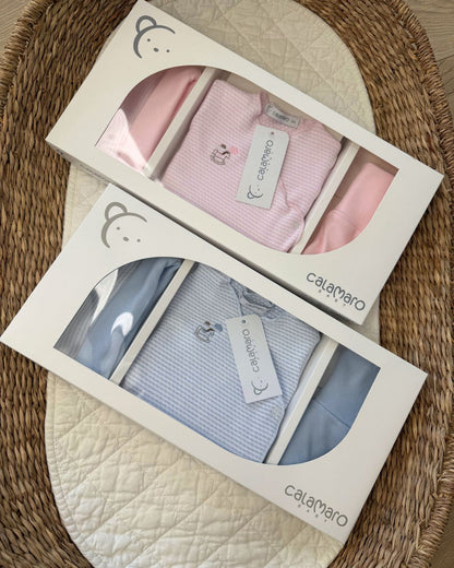 Calamaro Rocking Horse newborn baby gift set in pink and blue, featuring a striped wrap bodysuit with embroidered rocking horse, matching footed trousers and coordinating hat.