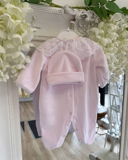 Bluesbaby Elodie Lace Velour Babygrow in baby pink with white lace frill collar, velvet bow and matching pink baby hat.
