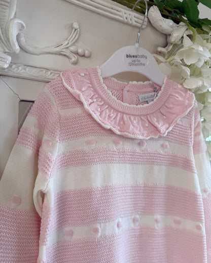 Bluesbaby Marie baby pink and cream knitted girls dress with frill collar, bows and pleated skirt.