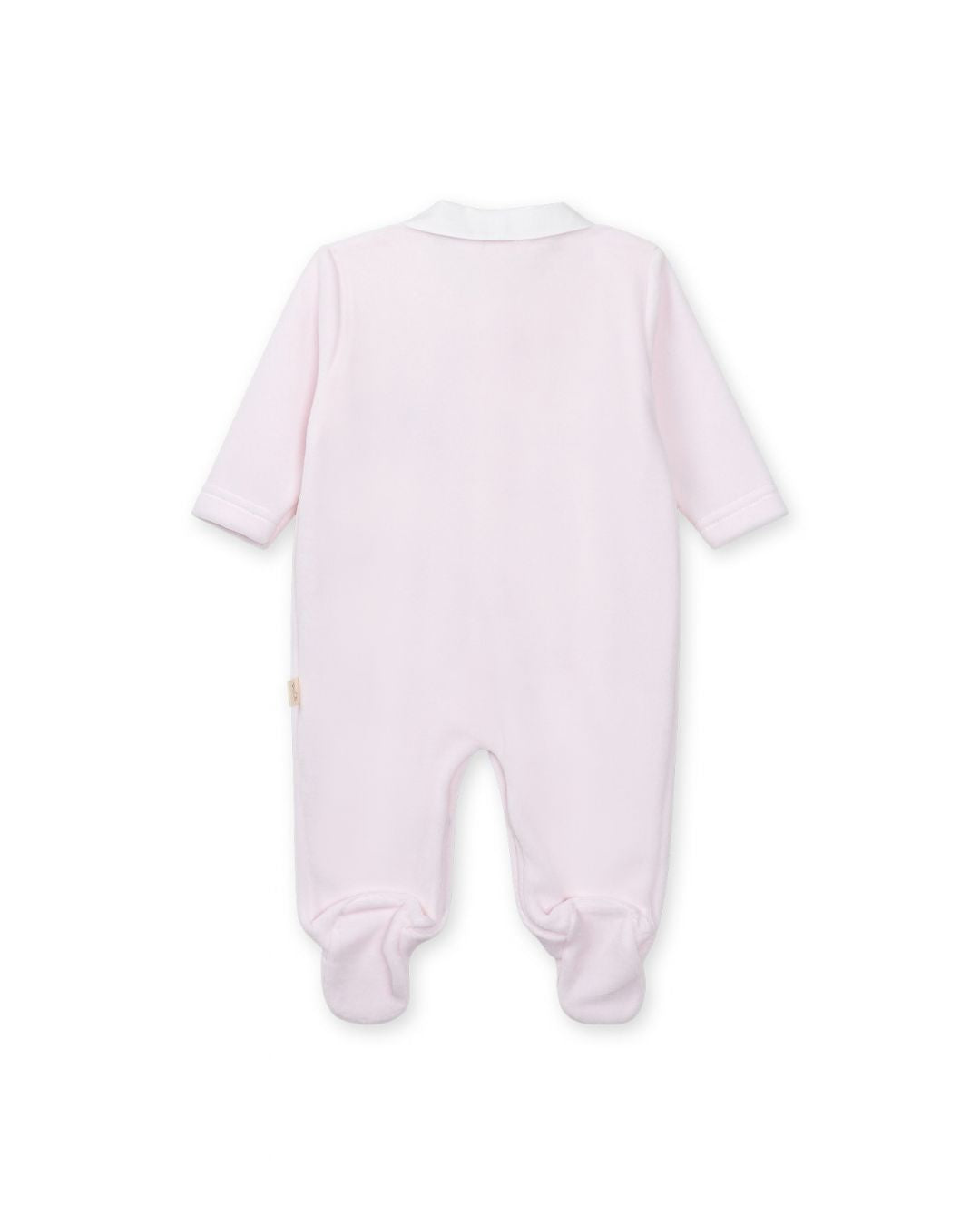 Baby Gi Velour Teddy Babygrow with Peter Pan collar and embroidered teddy motif in pink, blue and ivory.