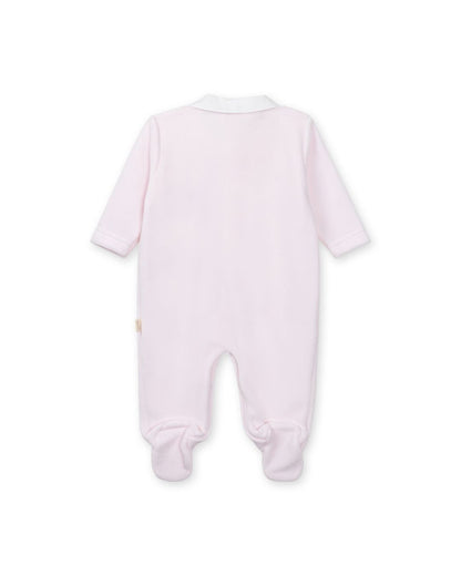 Baby Gi Velour Teddy Babygrow with Peter Pan collar and embroidered teddy motif in pink, blue and ivory.