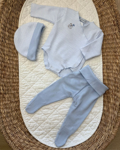 Calamaro Rocking Horse newborn baby gift set in pink and blue, featuring a striped wrap bodysuit with embroidered rocking horse, matching footed trousers and coordinating hat.