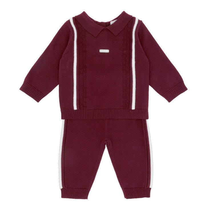 Bluesbaby Robin burgundy knitted boys trouser set with pointed collar, contrasting white stripes, ribbed cuffs and matching knitted trousers.