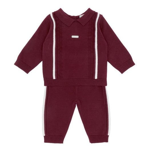 Bluesbaby Robin burgundy knitted boys trouser set with pointed collar, contrasting white stripes, ribbed cuffs and matching knitted trousers.