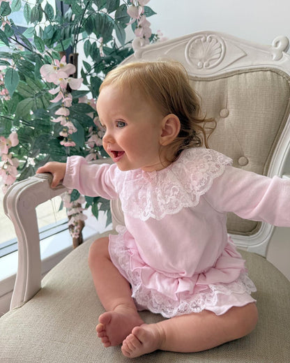 Bluesbaby Elodie Lace Jampant Set in soft baby pink with white lace frill collar, pink velour bow and matching tiered ruffle jampants.