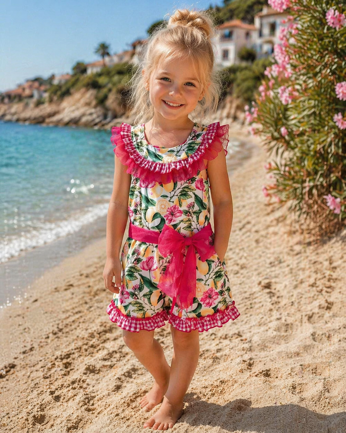 Babine Lemon Blossom Playsuit featuring a lemon and pink floral print, open back, tulle frill spine detail, gingham collar and statement bow tie.