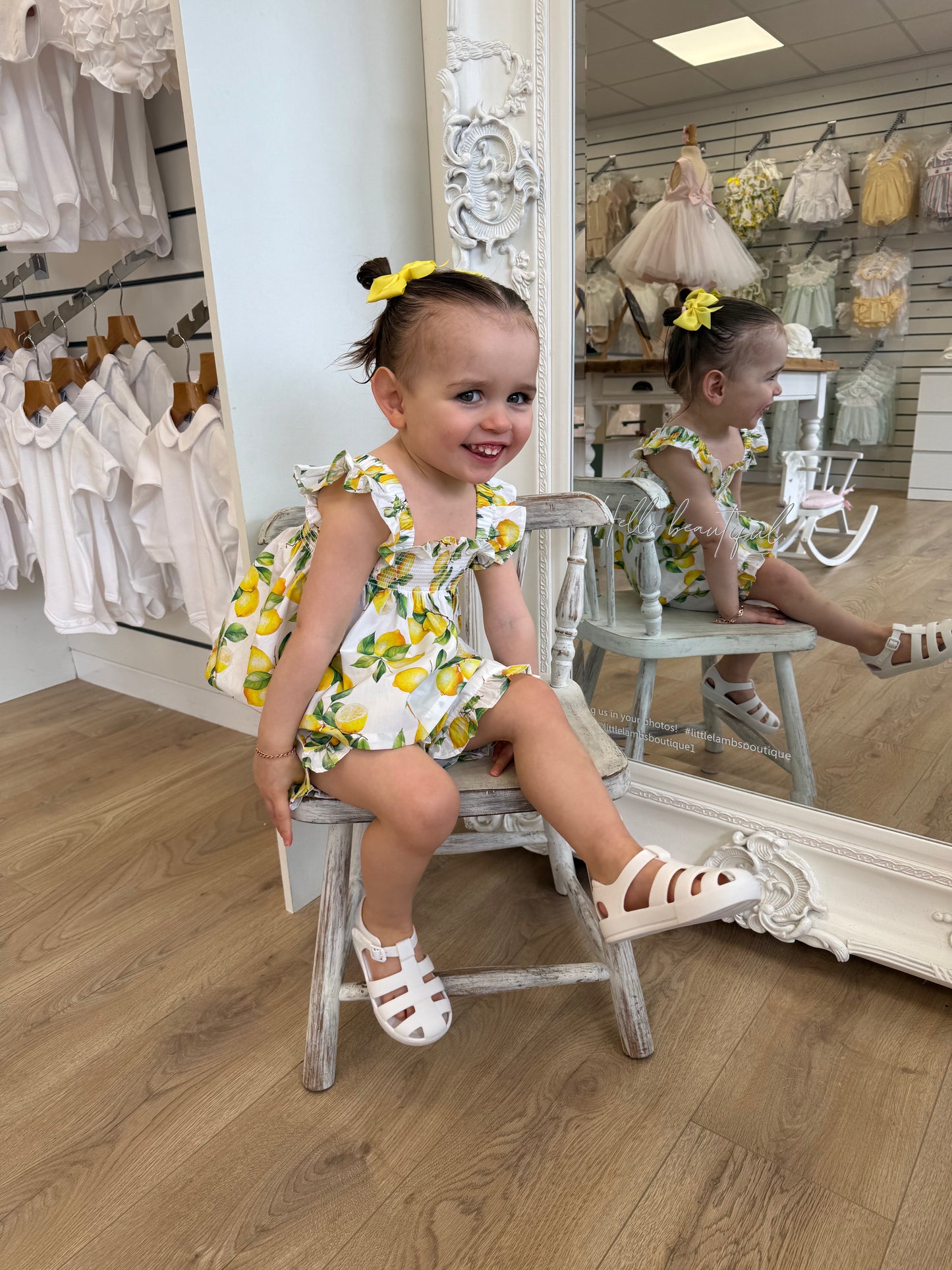 Deolinda Sorrento Short Set featuring a lemon print, stretchy smocked top, frill hem detail and matching shorts for girls.