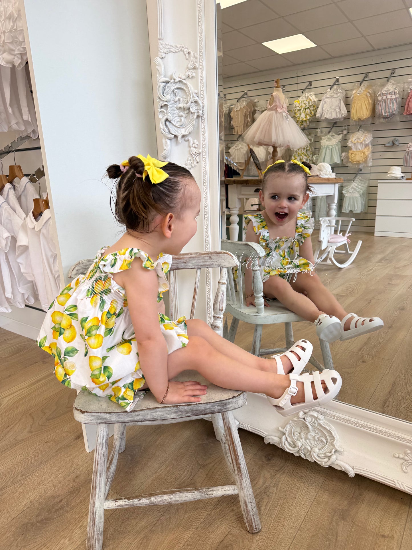 Deolinda Sorrento Short Set featuring a lemon print, stretchy smocked top, frill hem detail and matching shorts for girls.