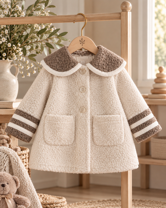 BeChic Francis unisex ivory bouclé baby coat with contrasting beige rounded collar, ivory striped sleeve cuffs, front buttons and pockets.